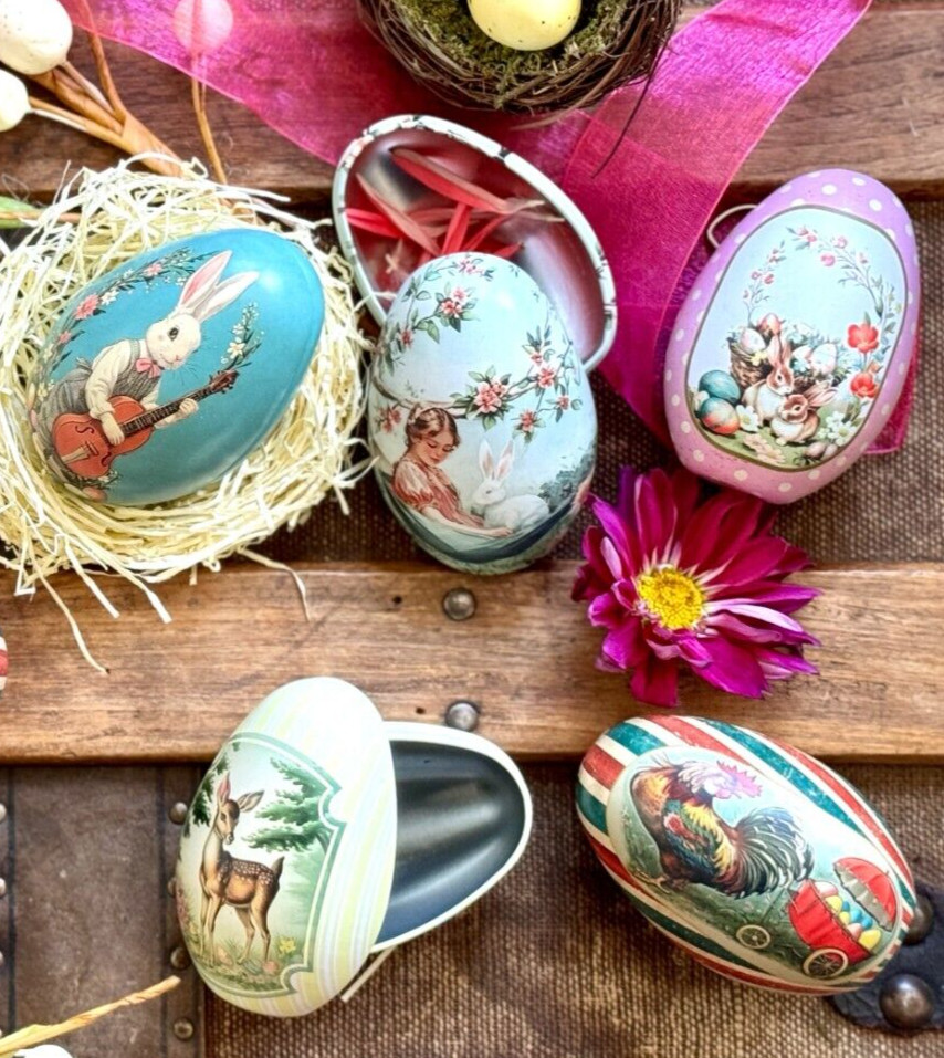 FIVE Easter Egg Tins. 5 Fillable Lithographed Metal Vintage Easter Eggs