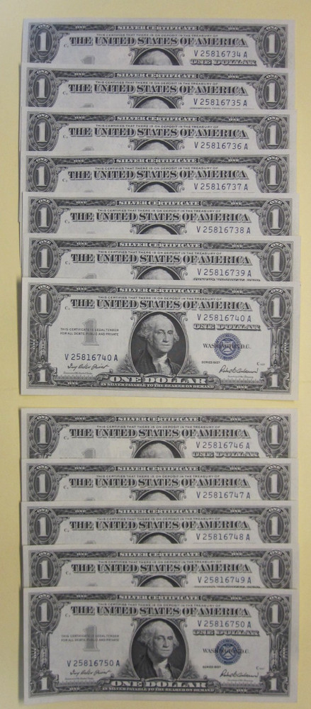 (2 Sets) 1957 $1 Silver Certificates Consecutive Serial Numbered Notes-Crisp UNC