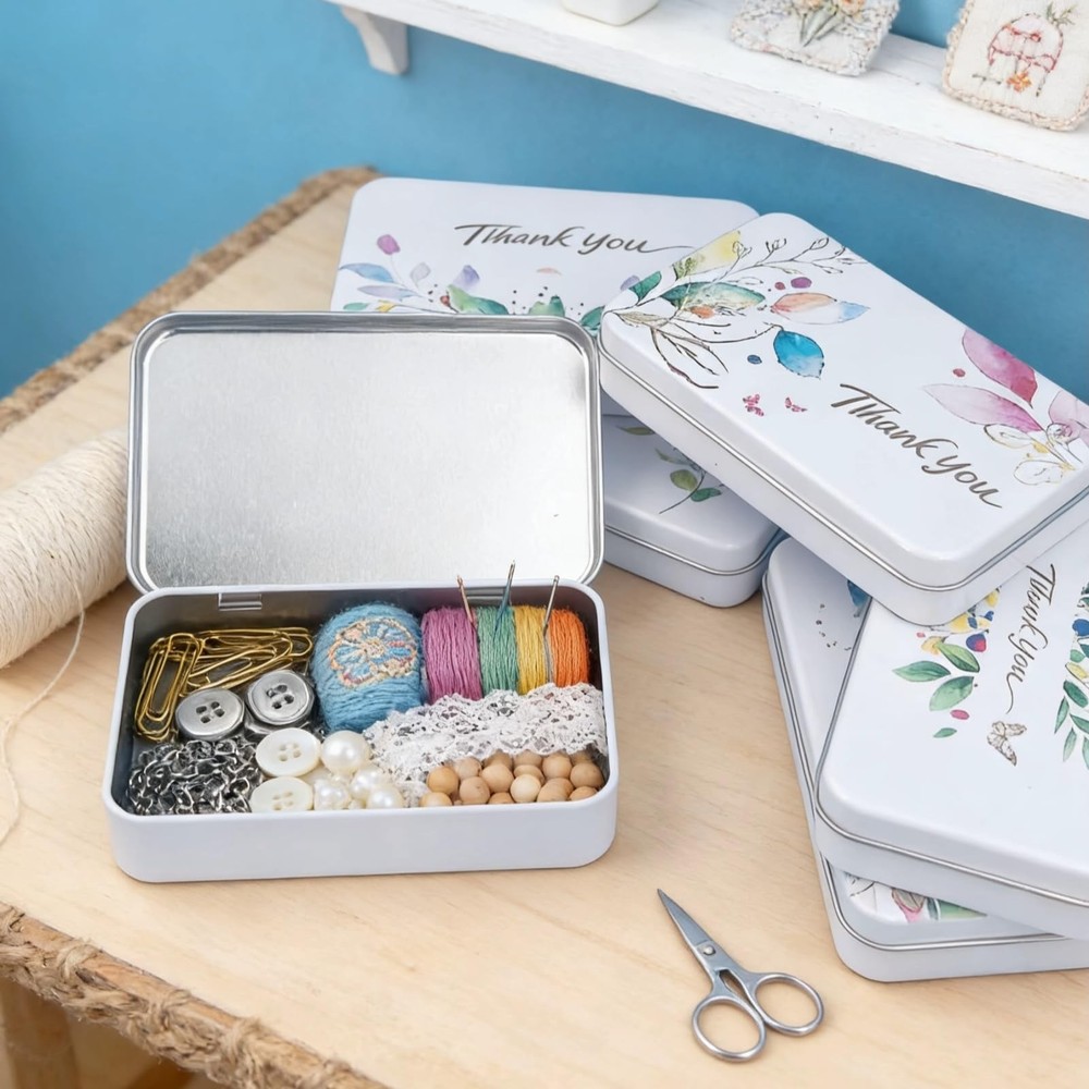 Rectangular White Metal Empty Hinged Tins Containers with Thank You Image Pat...
