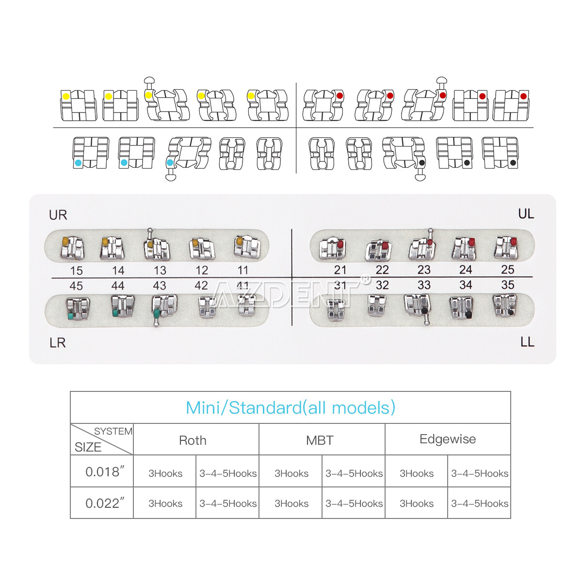AZDENT Dental Ortho Metal Brackets Mini/Standard Roth/MBT 018/022 Hooks 3/3-4-5