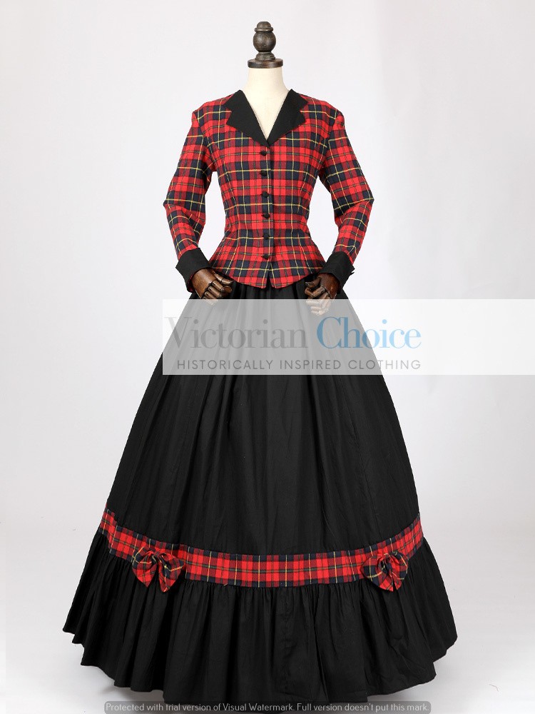 Victorian Dickens Caroler Red Tartan Walking Dress Period Theater Costume 122