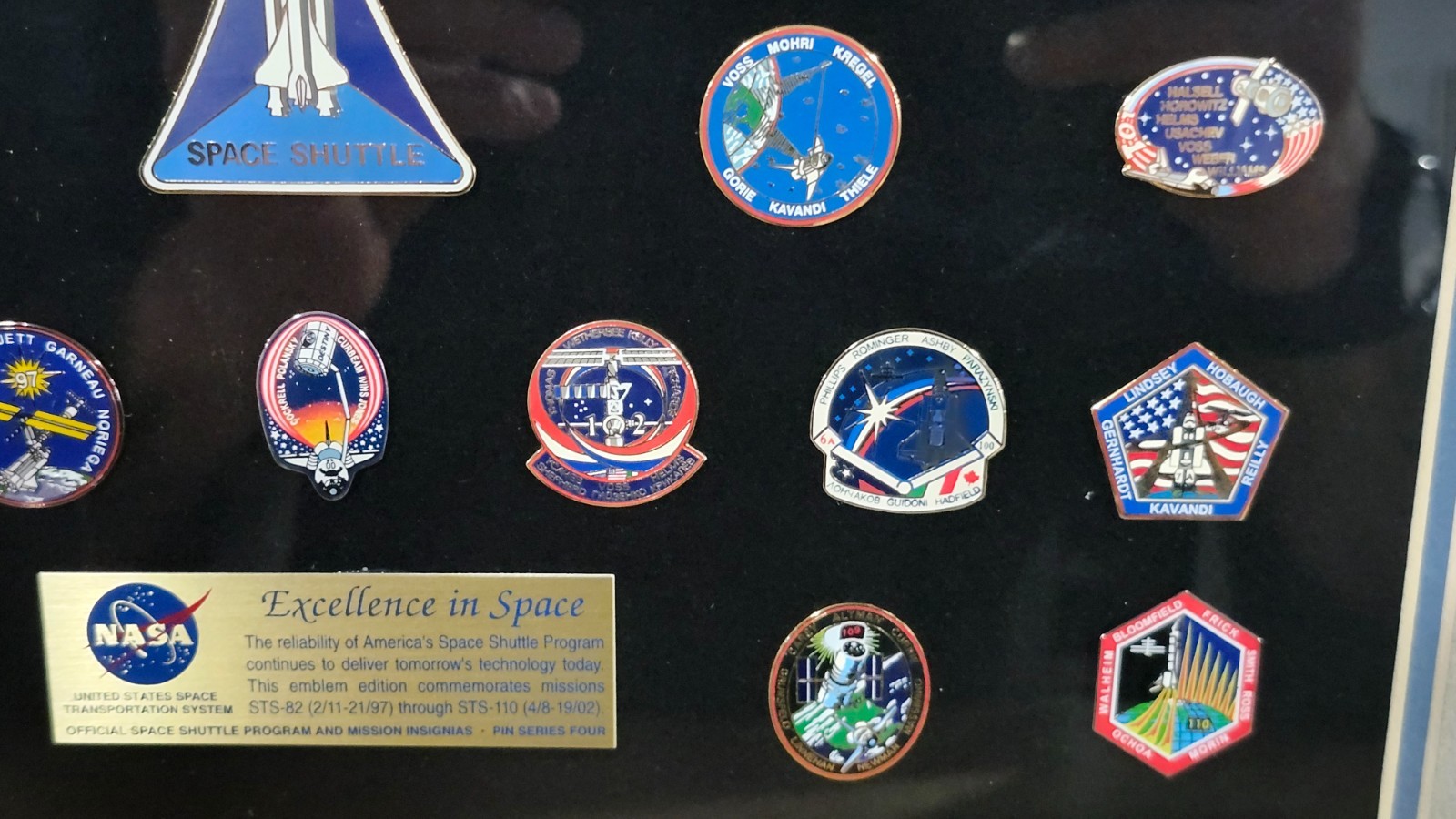 rare Winco framed collection of NASA "Excellance in Space" insignia pins