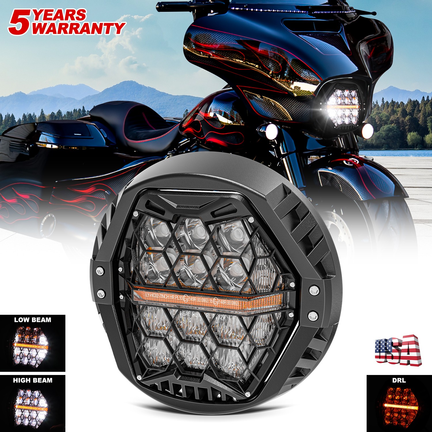 7'' LED Halo Headlight Hi-Low Projector Beam Sealed For Harley Street Glide FLHX