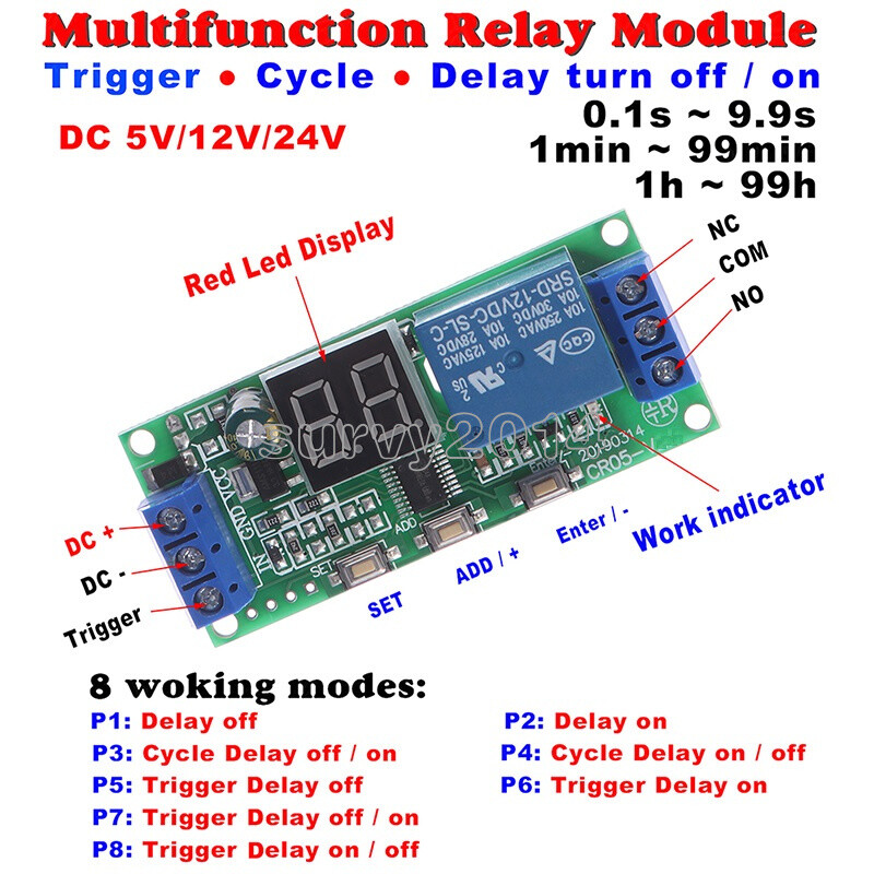 Multifunction Digital Time Infinite Delay Switch Timer Relay Module DC5V 12V 24V