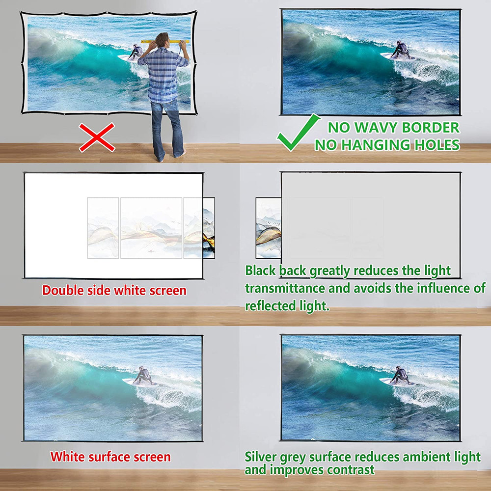 120" Portable Projector Screen with Pole Frame, Silver Foldable Black Backing