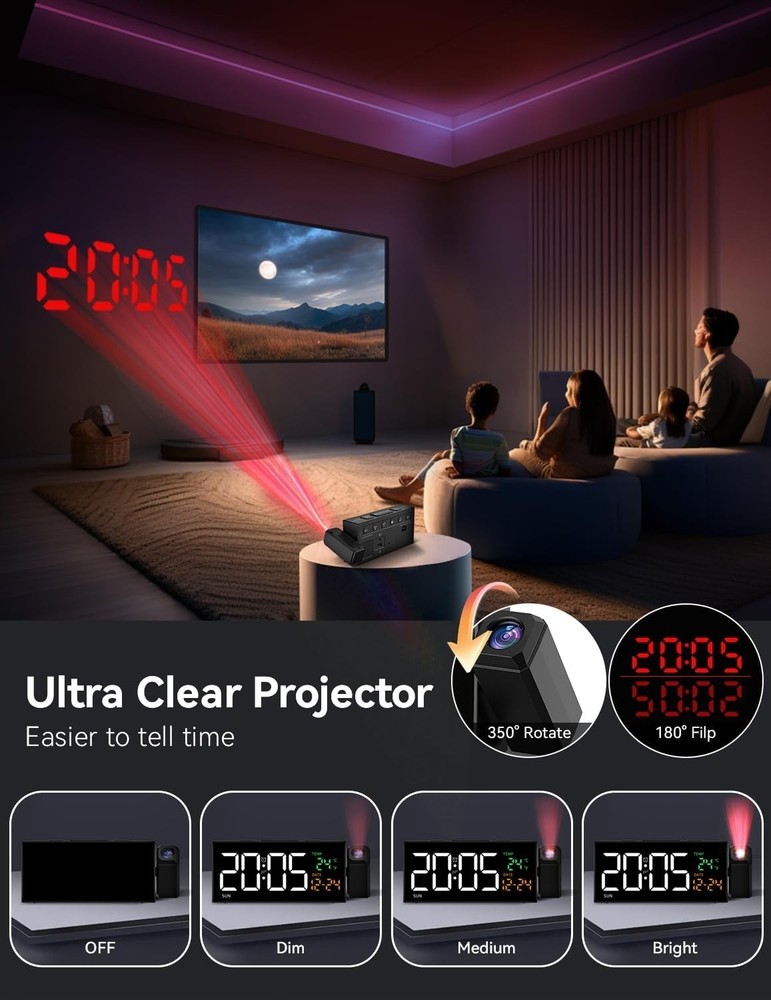 Clear LED Projection Alarm Clock: 3-Level Brightness and Snooze Functionality