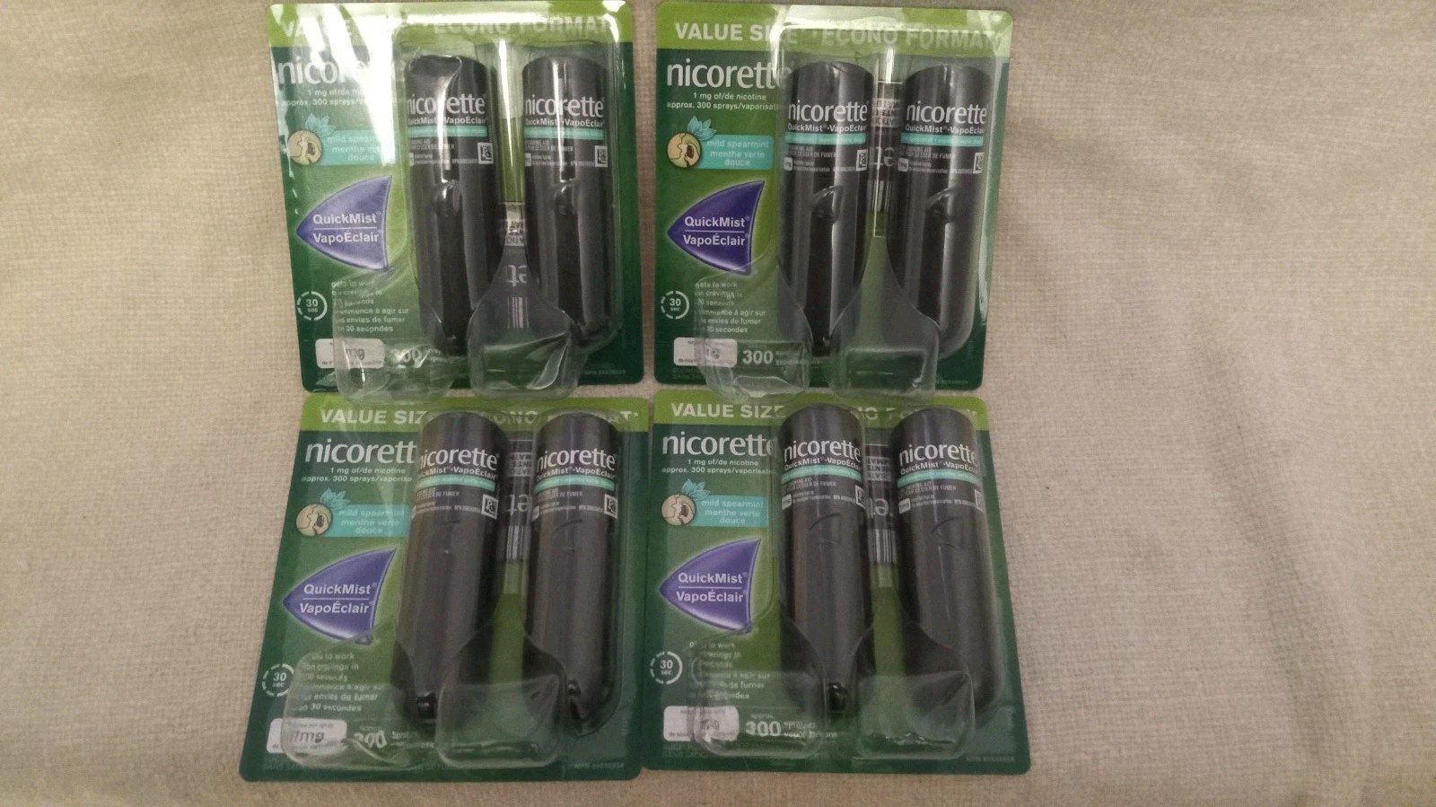 8 X Nicorette Quickmist Mouthspray Mild SpearMint 1mg, 150 spray 4x2 pack