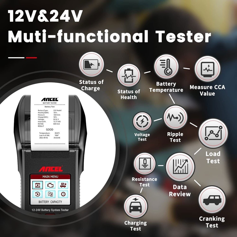 ANCEL BST600 12V & 24V 100-2000 CCA Auto Battery Tester Analyzer With Printer