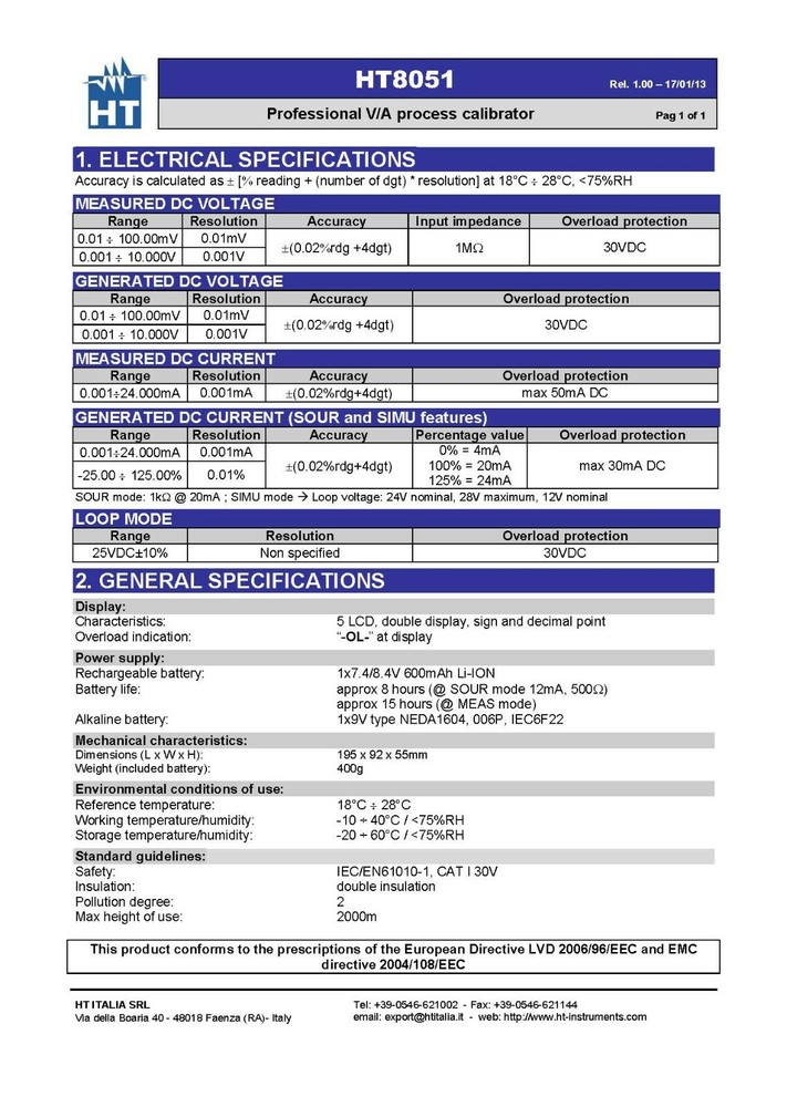 HT Instruments HT8051 Multifunction Process Calibrator 4-20mA 0-10V