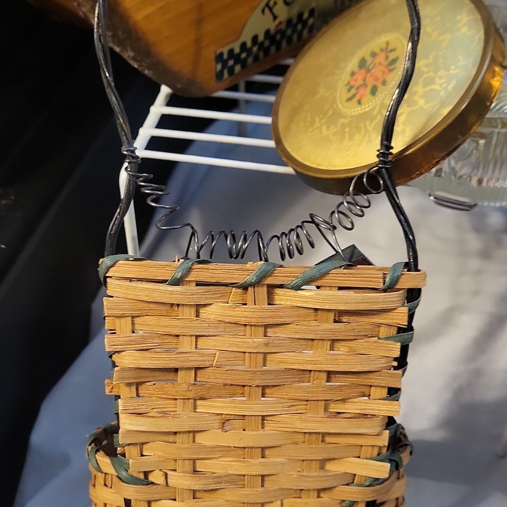 Small Rectangular Wicker Basket with Wire Handle & Birdhouse Charms Brown