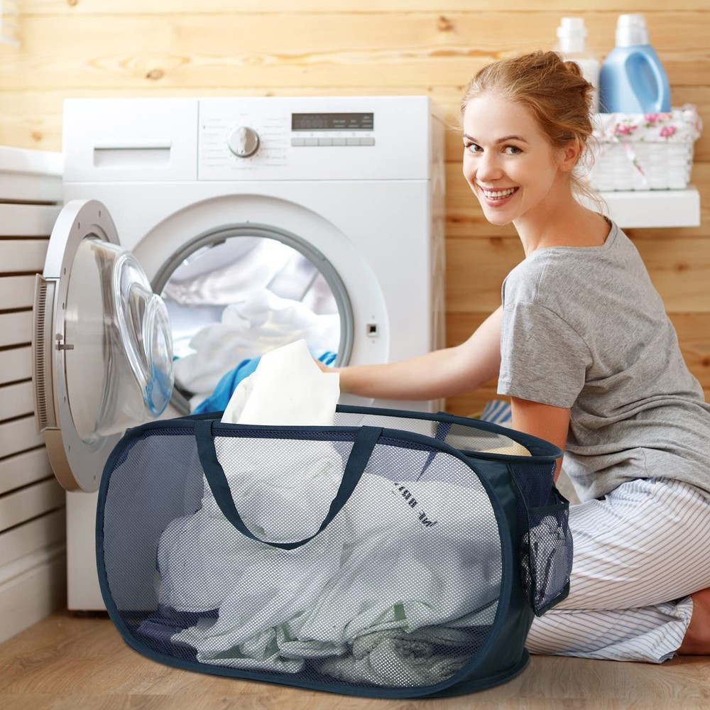 Durable Collapsible Laundry Baskets, Mesh Pop Up Laundry Hamper with Side Poc...
