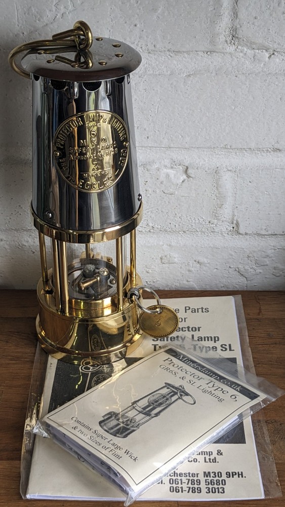 Protector Type 6 Miners Lamp with Working Relighter, Serviced + Spares #3 1977