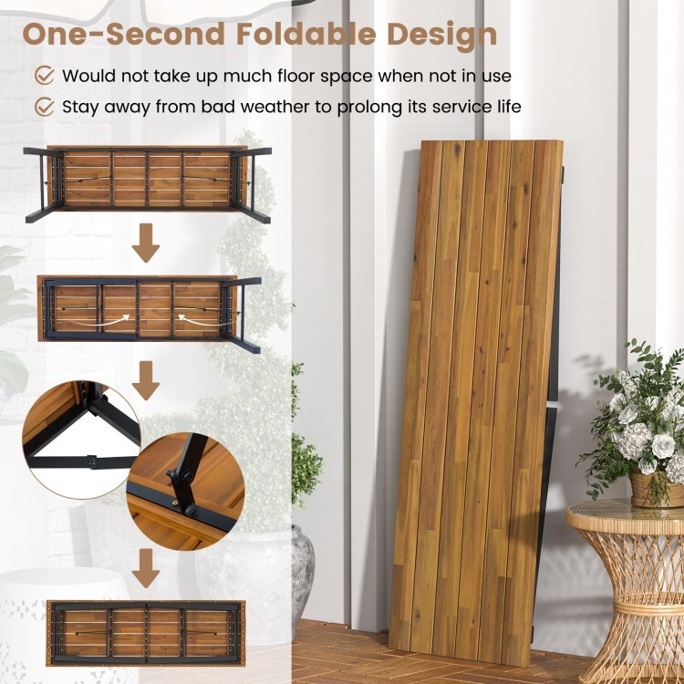 Outdoor Activities Patio Garden Foldable Dining Table Acacia Wood w/ Metal Frame