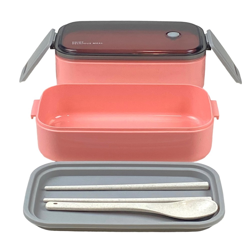 2-Layer Stackable Bento Box Pink with Chopsticks and Spoon