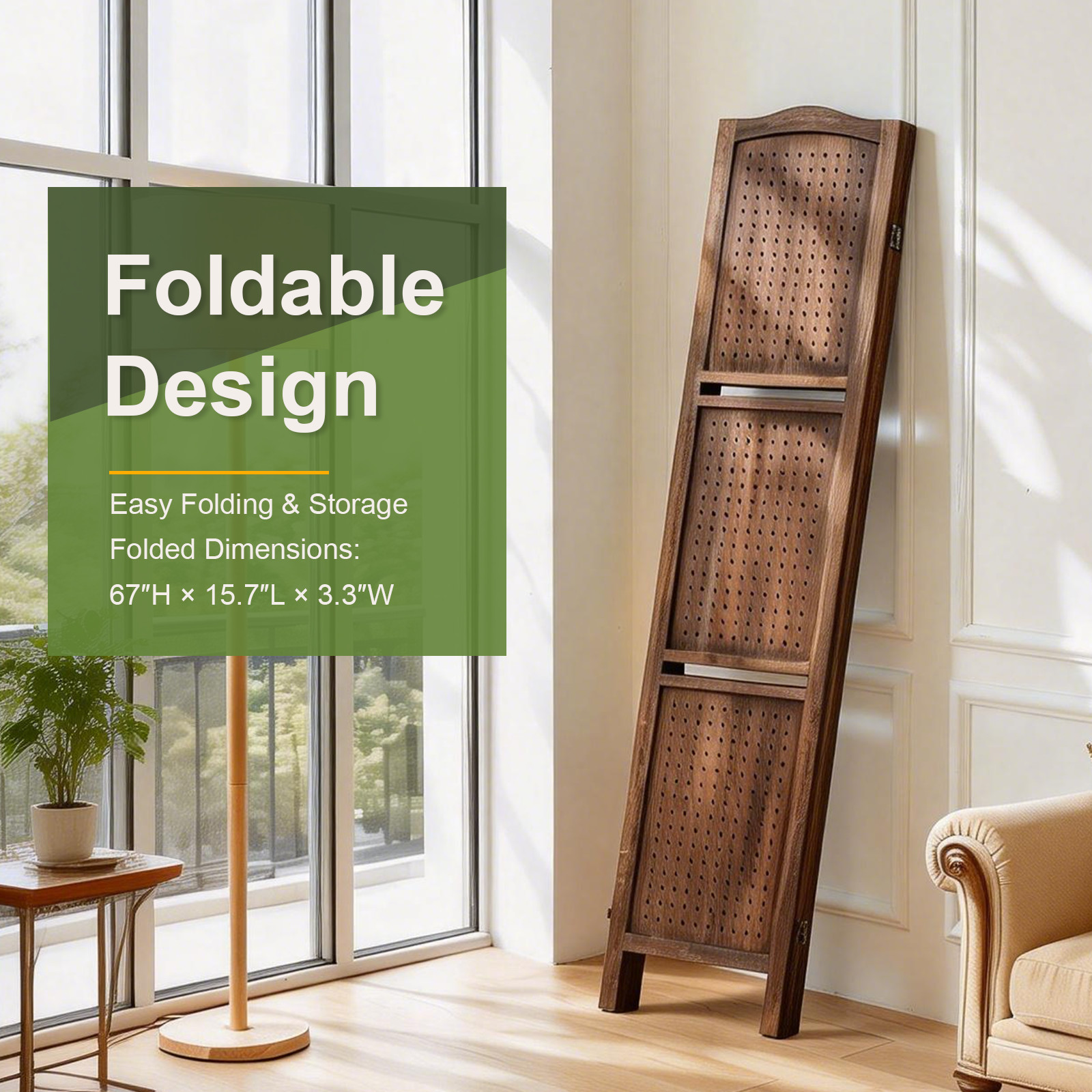 67" H Wood Room Dividers 4 Panel Pegboard Display Folding Privacy Screens Brown