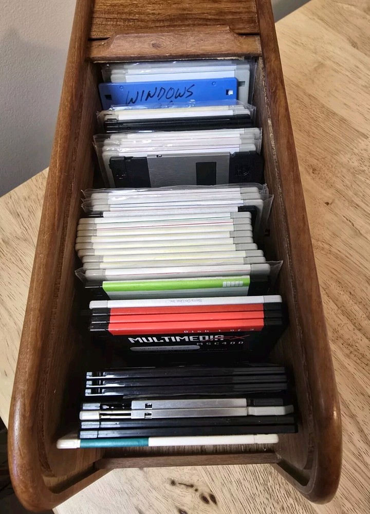 VINTAGE MCM TeakTech Rolltop Storage Unit Filled With Various Hard Disk EUC