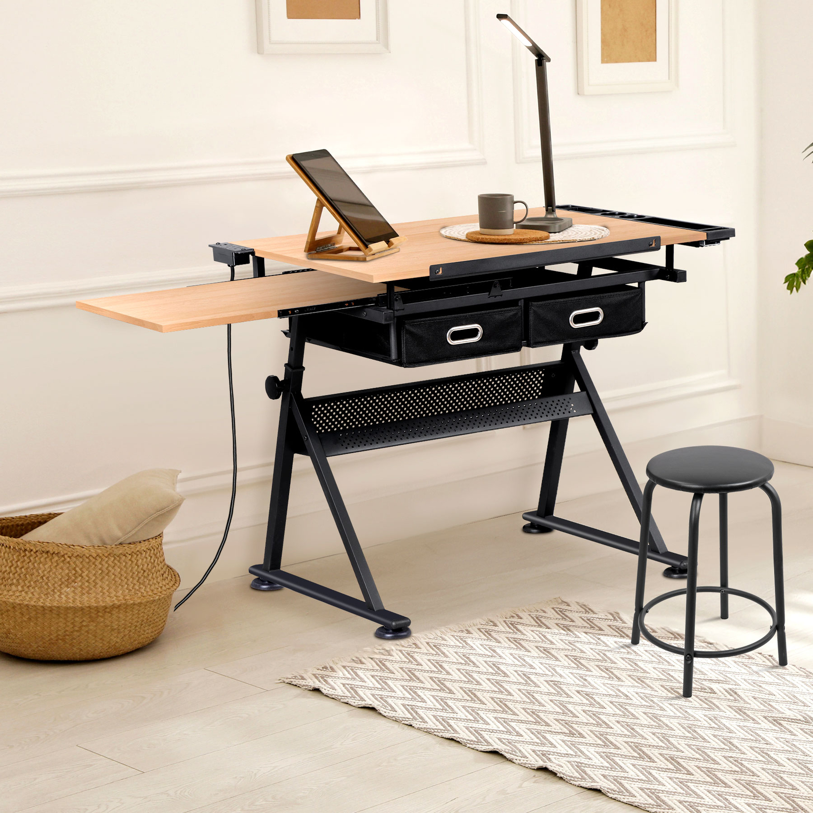 Adjustable Drafting Table with Outlet Artist Drawing Table with Stool Natural