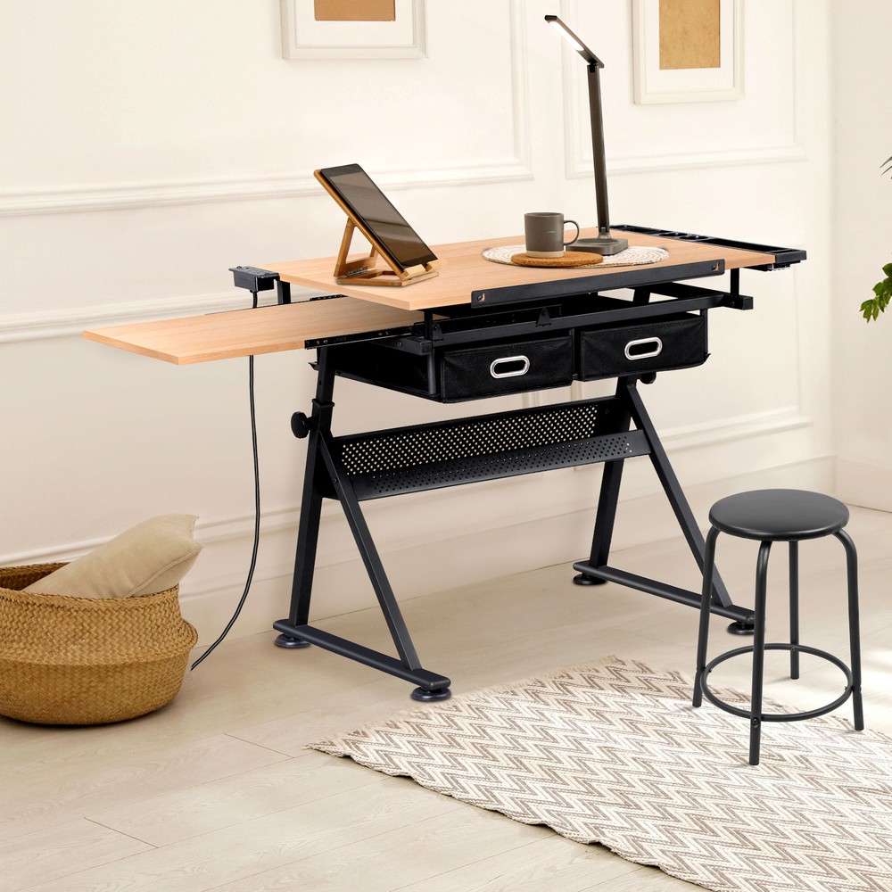 Drafting Table and Stool Set with Tilted Tabletop and Adjustable Height Natural