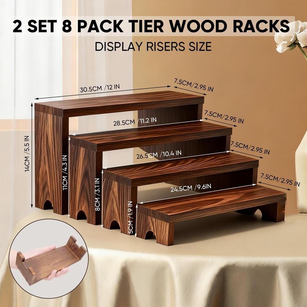 2 Set 8 Pack Tiered Wood Racks Decorative Rectangular Stands Farmhouse Decor ...