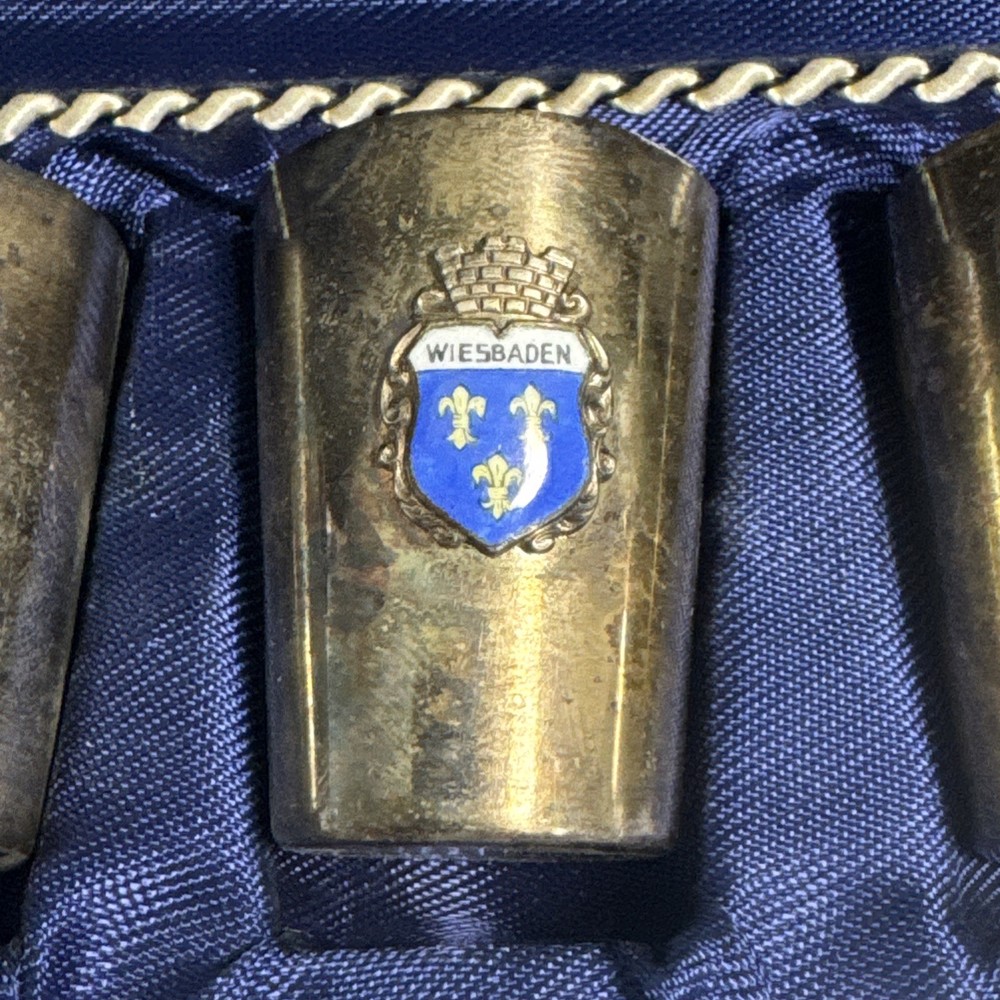 VTG GERMANY SET 8 GERMAN CITY COAT OF ARMS SILVER PLATE SHOT GLASS CUPS W/ CASE