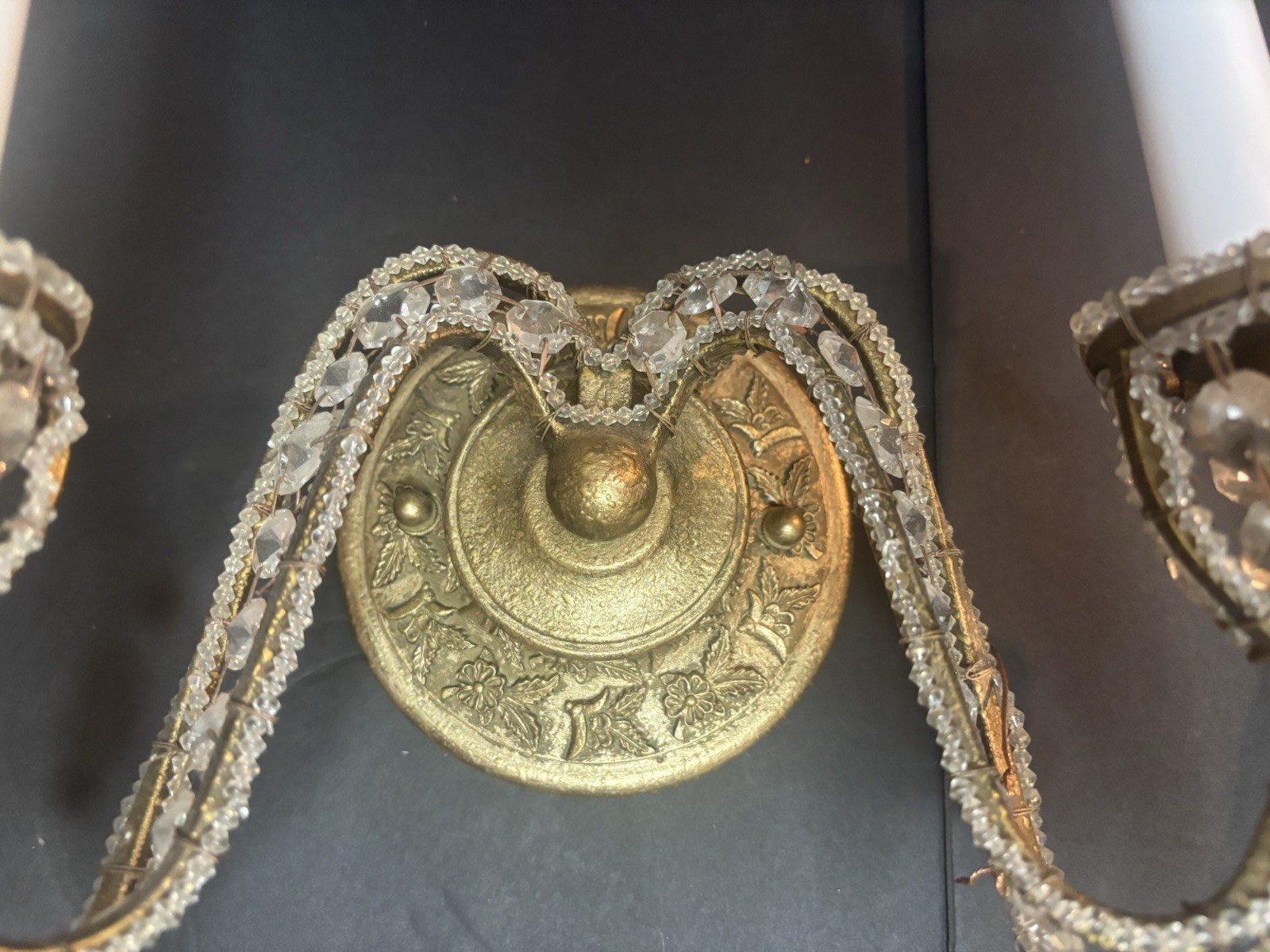 Pair Double Arm Wall Sconces Crystals Beaded Antique Style