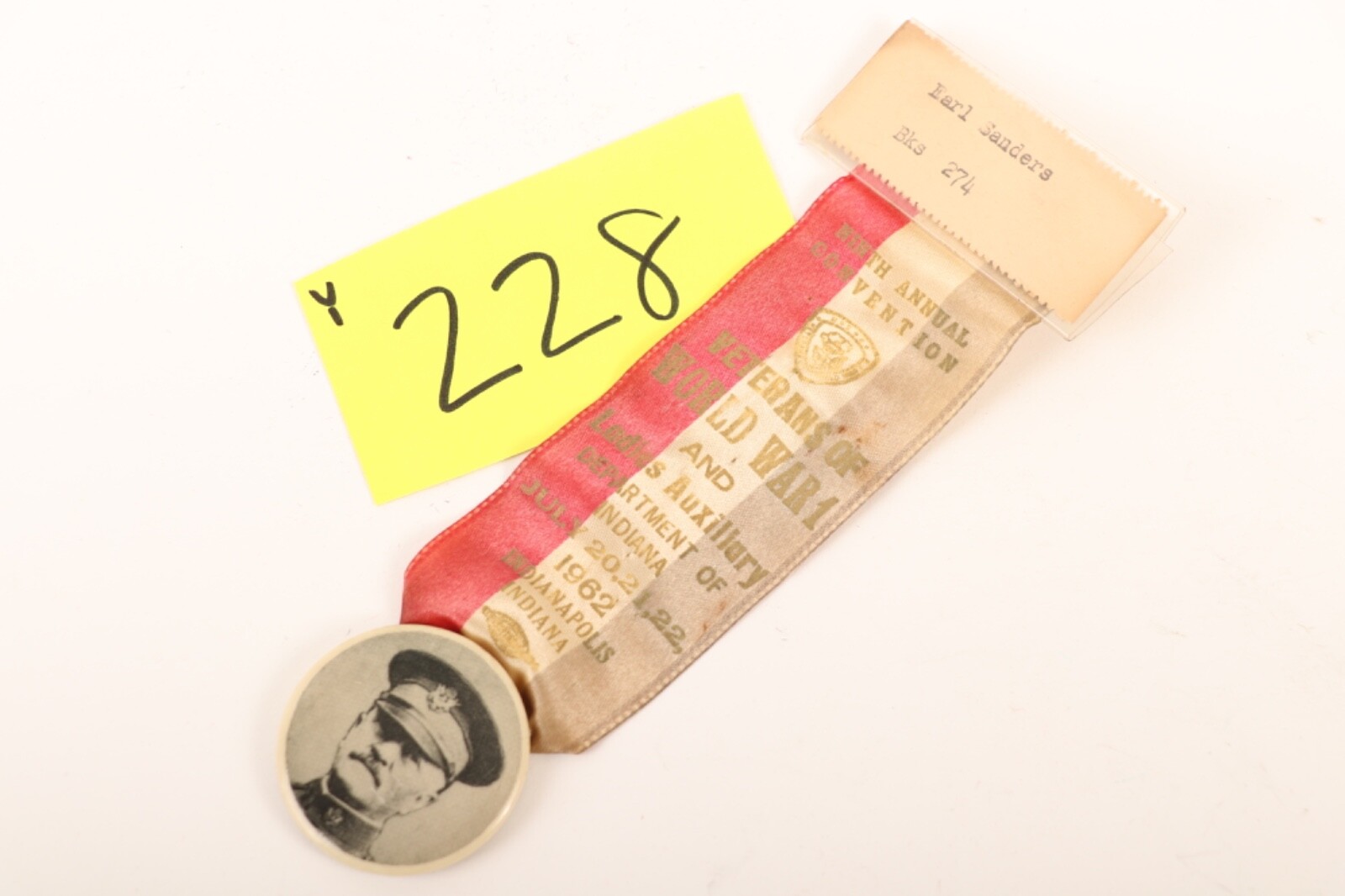 Y228 / 1960's WWI Veterans Reunion Ribbon with Pershing Pin From Indiana