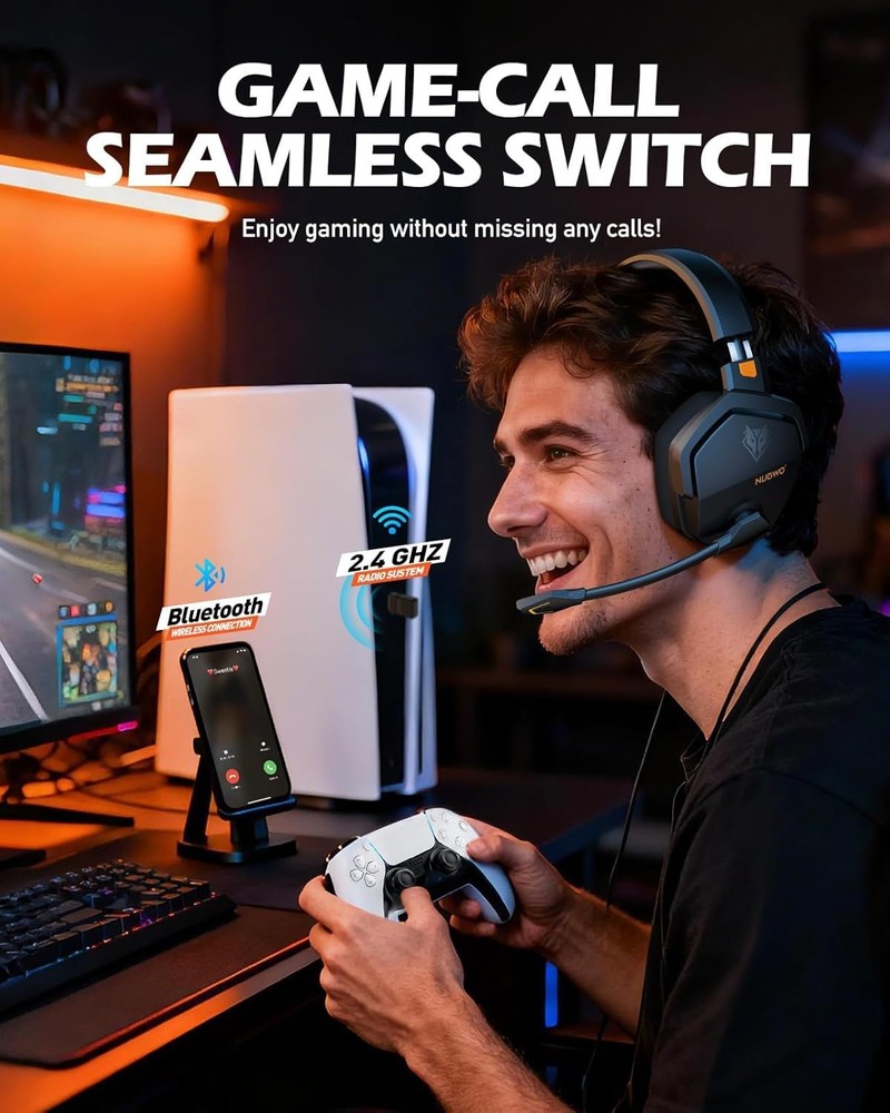 NUBWO Wireless Gaming Headset with Mic for Ps5 Ps4 PC, Zero Interference, 100-hr