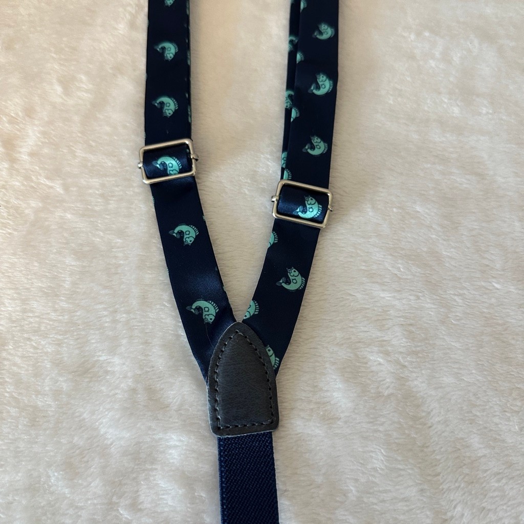 Boys Navy Teal Fish Print Suspenders Y-Back Adjustable Preppy Faux Leather