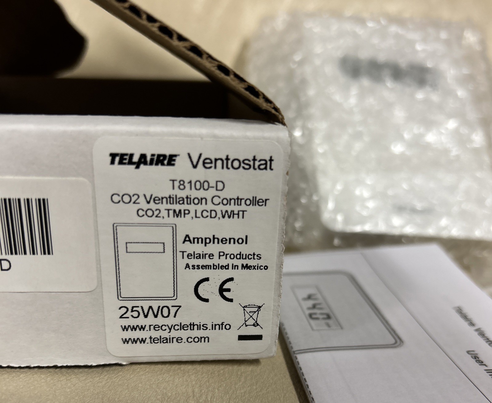 Amphenol Telaire T8100-D Ventostat CO2 Ventilation Controller TMP, LCD, WHT