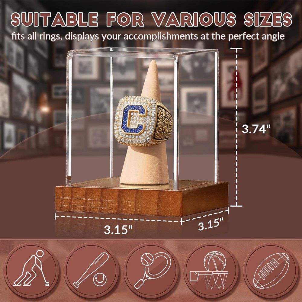 JupDec Championship Ring Display Case, Clear Acrylic Single 1 Pack, Brown