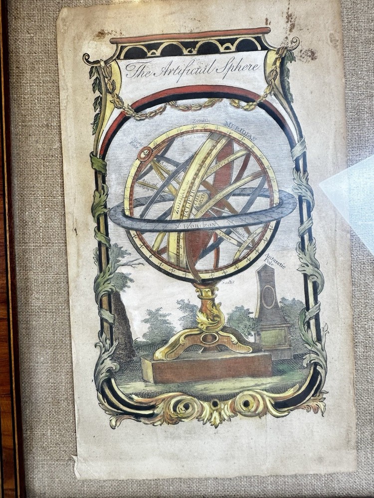 Antique The Artificial Sphere Armillary Engraving Hand Colored Framed Celestial