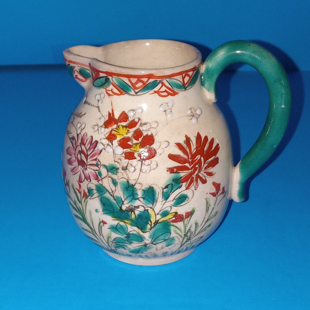 Antique Earthenware Small Creamer Pitcher Hand Painted Applied Handle 19thC
