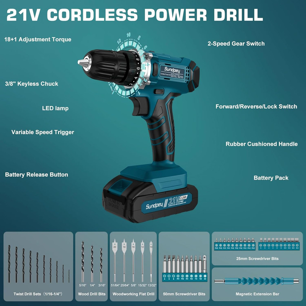 Tool Kit with 21V Cordless Drill - 255-Pcs Portable Complete General Basic Home