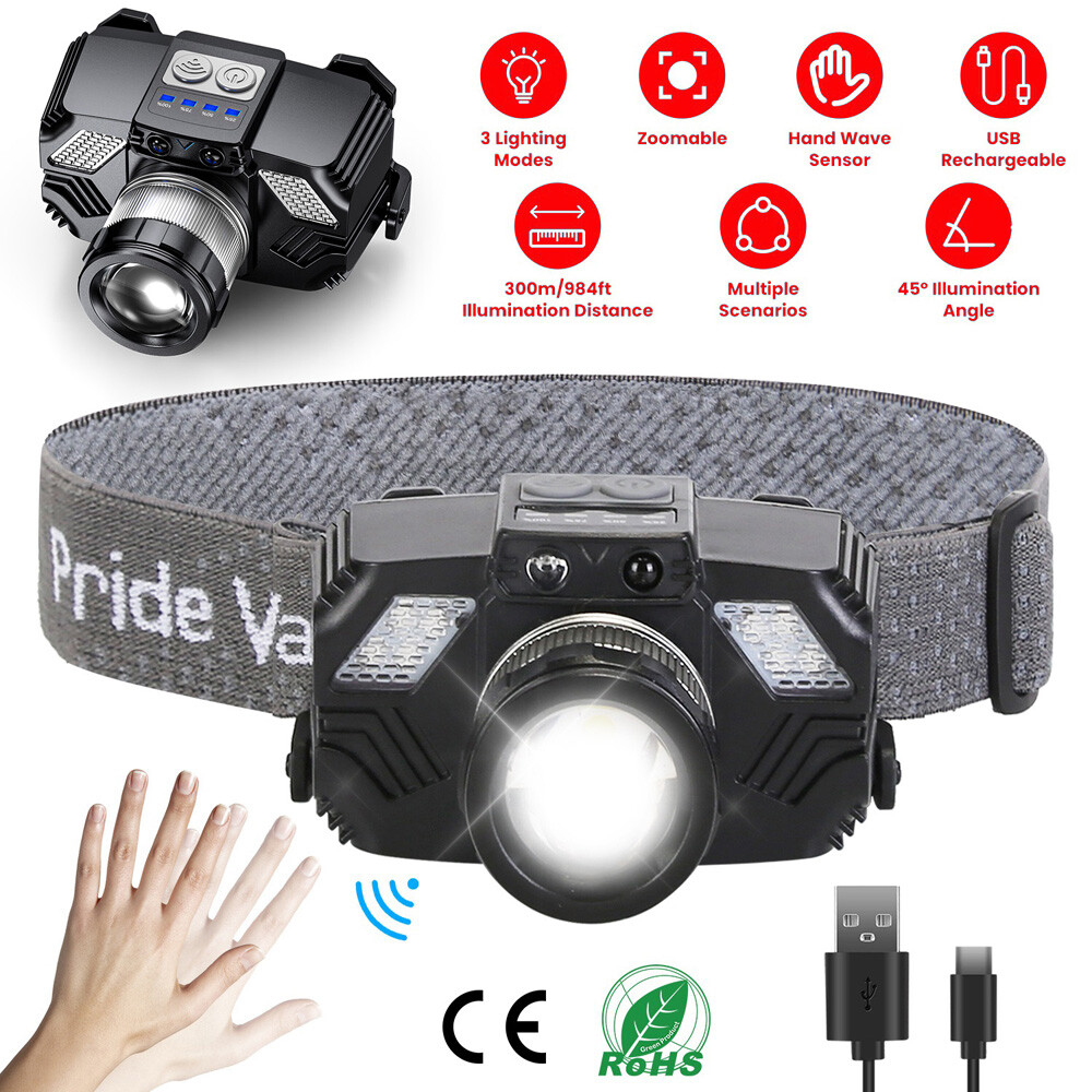 Zoomable LED Headlamp Adjustable Headlight Head Lamp Motion Sensor Flashlight