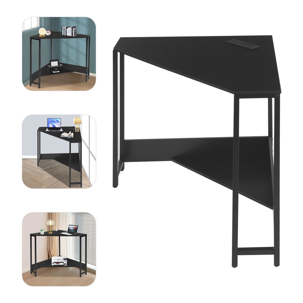 Triangular Corner Desk, Small Desk with Outlets, Free Standing Corner Table