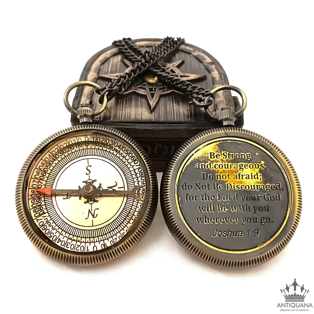 Be Strong and Courageous Engraved Compass with Authentic Leather Case Brass C...