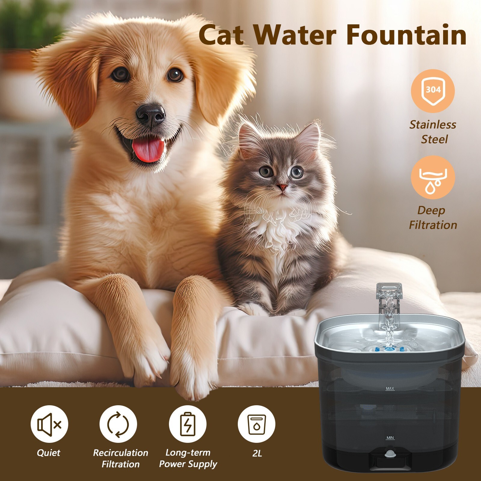 Cat Water Fountain Cordless, 68oz Automatic Pet Water Fountain with Filter