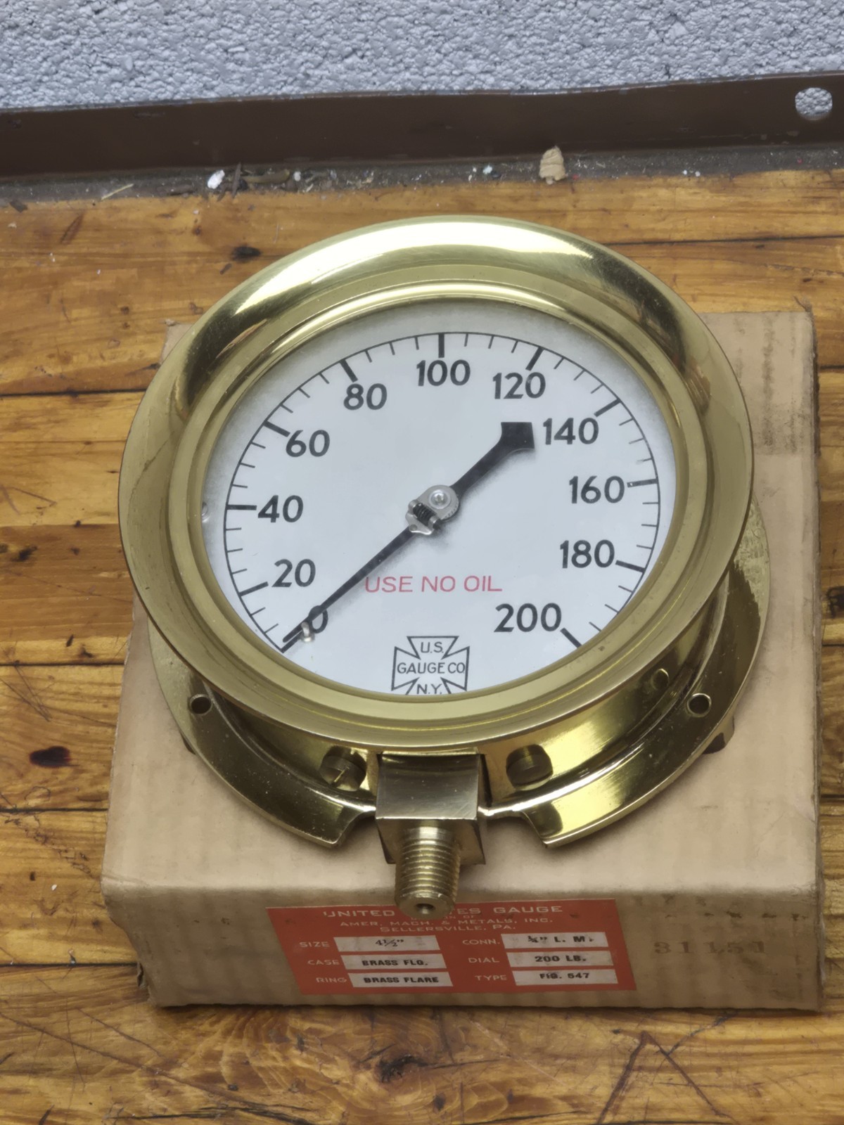 Vintage Industrial U.S. Gauge Co. 4-1/2" Brass 200PSI Steam Pressure Gauge NOS