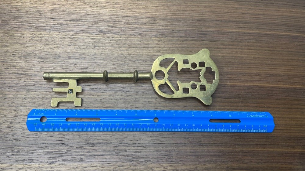 Vintage Solid Brass Large "Medieval" Decorative Skeleton Key 9" Goth Decor?