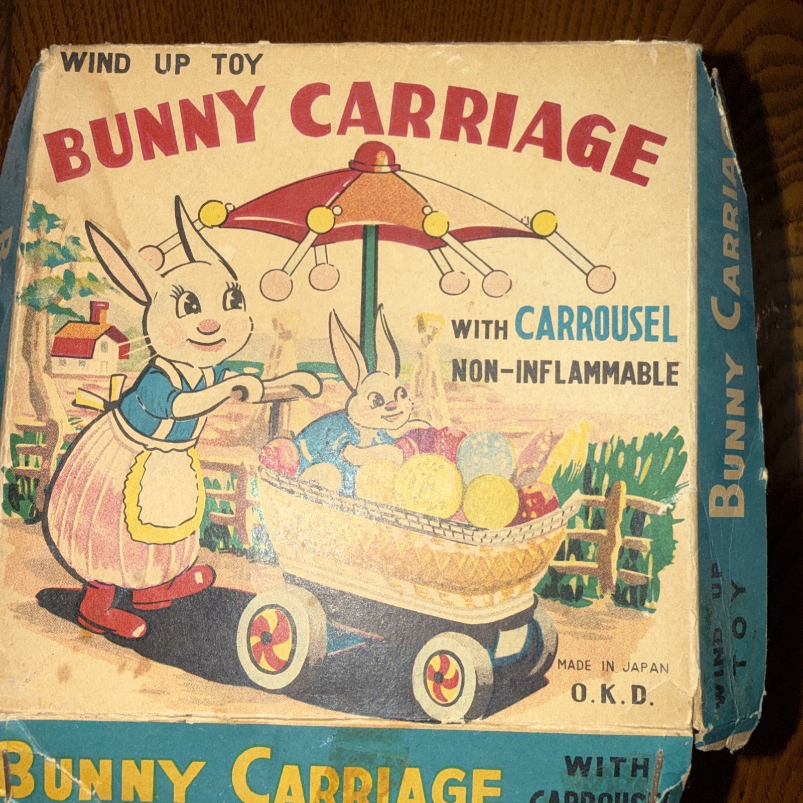 Vintage Wind-Up Bunny Carriage Tin & Celluloid Toy Made in Japan Box O.K.D.