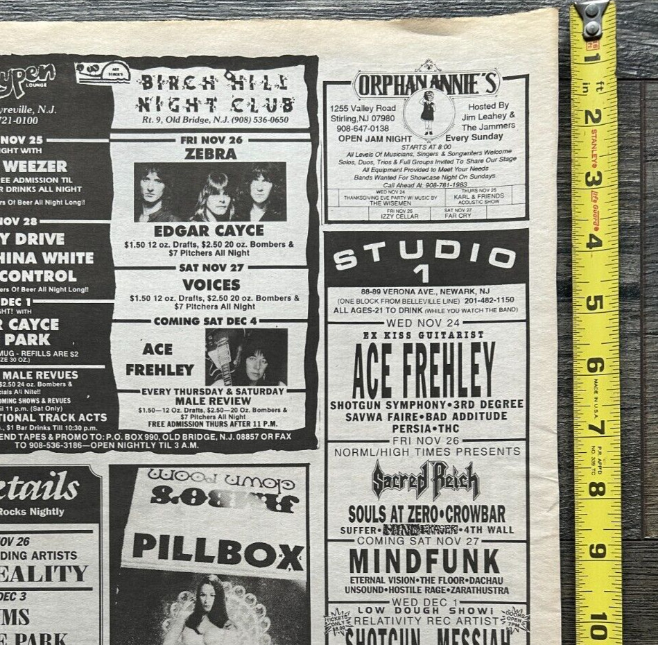 KISS Concert Ad Advert ACE FREHLEY 1993 Studio 1 & Birch Hill NJ Vintage Kiss B