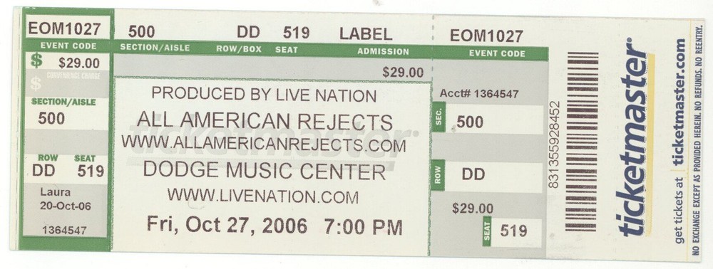 All American Rejects 10/27/06 Hartford CT Dodge Music Ctr Concert Ticket!