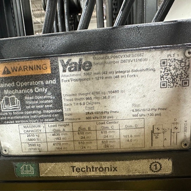 2020 Yale GLP060VX 6000lb Used Forklift Sideshift Fork Positioner 4543 Hours