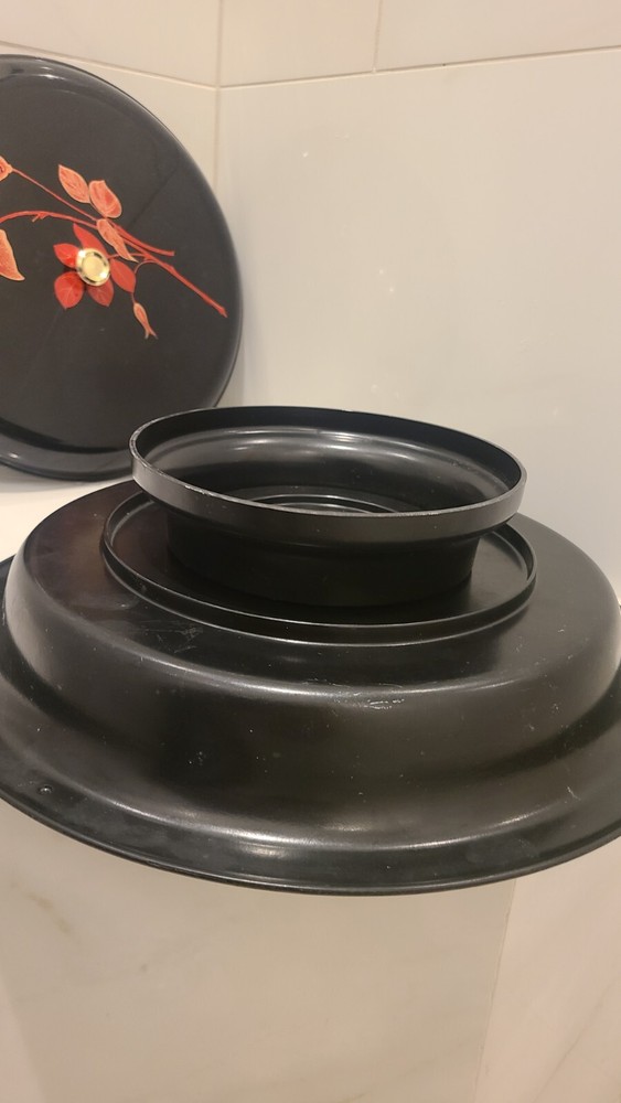 Vtg Footed Black LACQUER WARE Lidded Serving Dish Lazy Susan Divided Sections