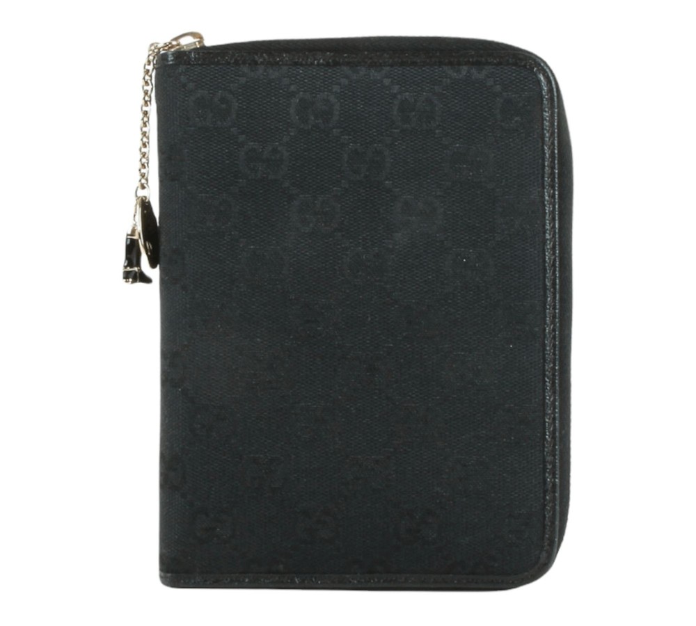Authentic Gucci Black GG monogram canvas zip around agenda notebook