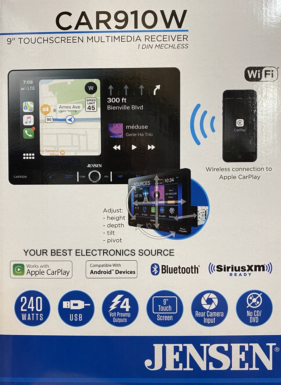 NEW Jensen CAR910W 1-DIN Digital Media Car Stereo w/ 9" Touchscreen, CarPlay