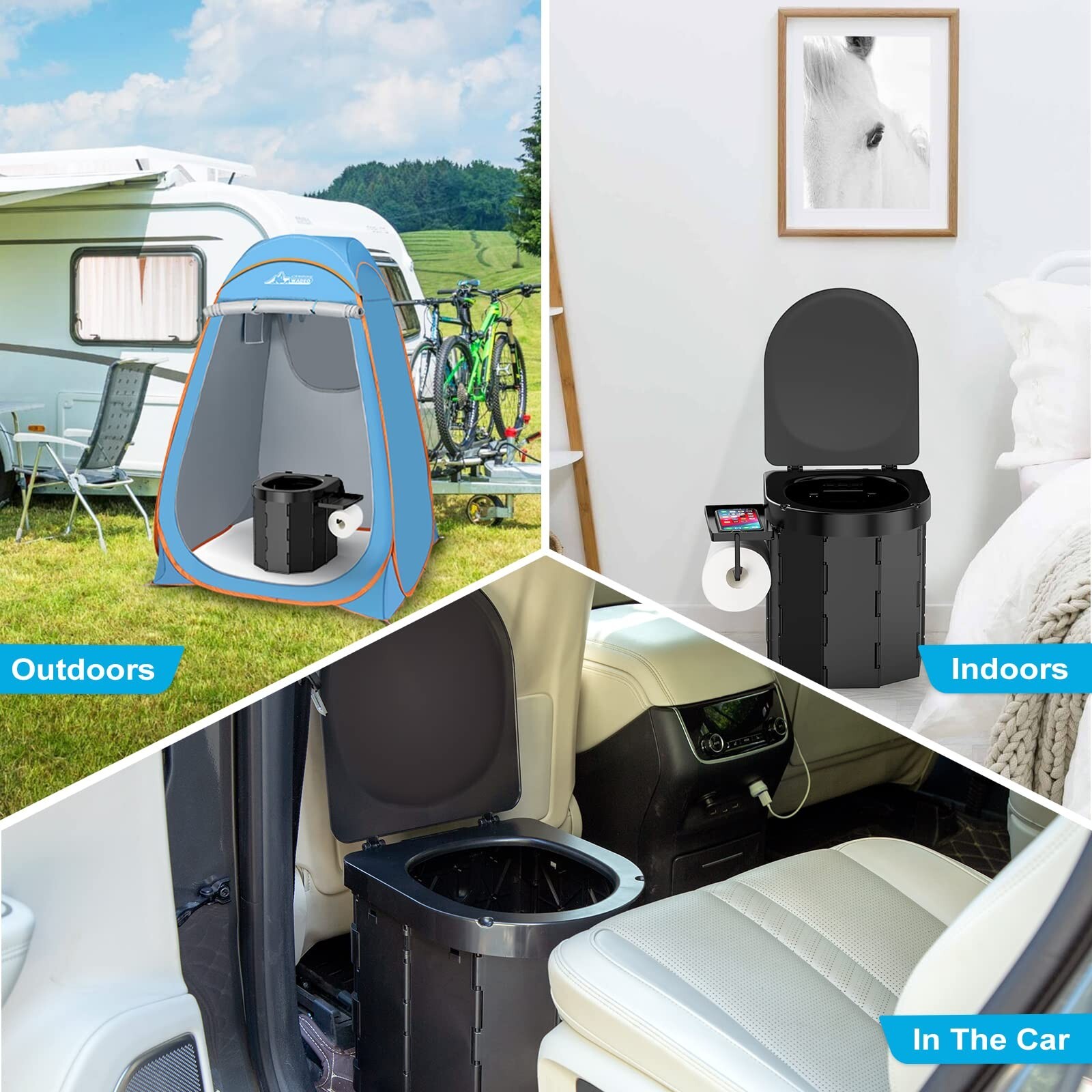 Portable Camping Toilet with Detachable Phone Shelf and Toilet Paper Holder