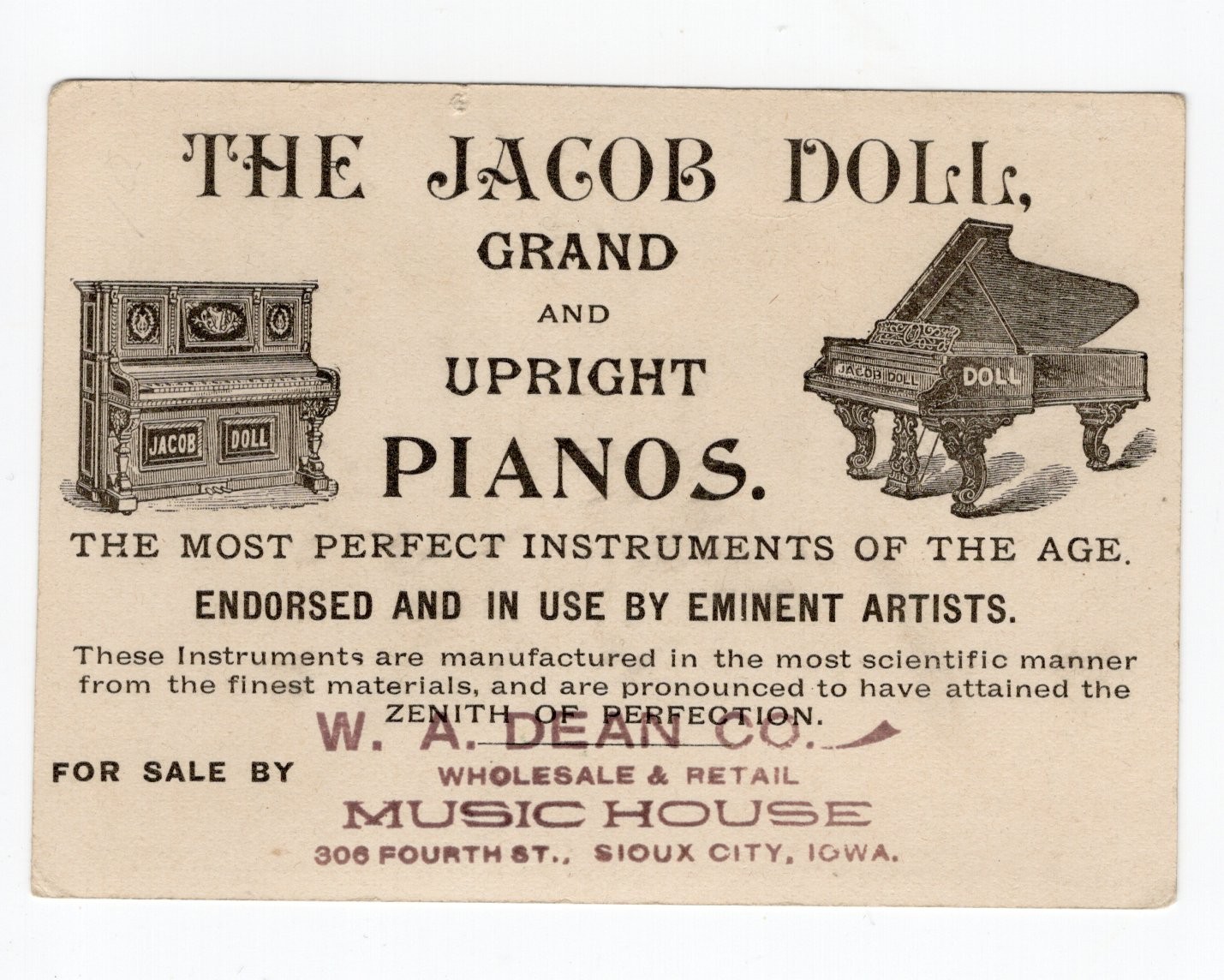1880-90s - W. A. Dean Co Music House Sioux City Iowa, Jacob Doll Pianos - XL2A