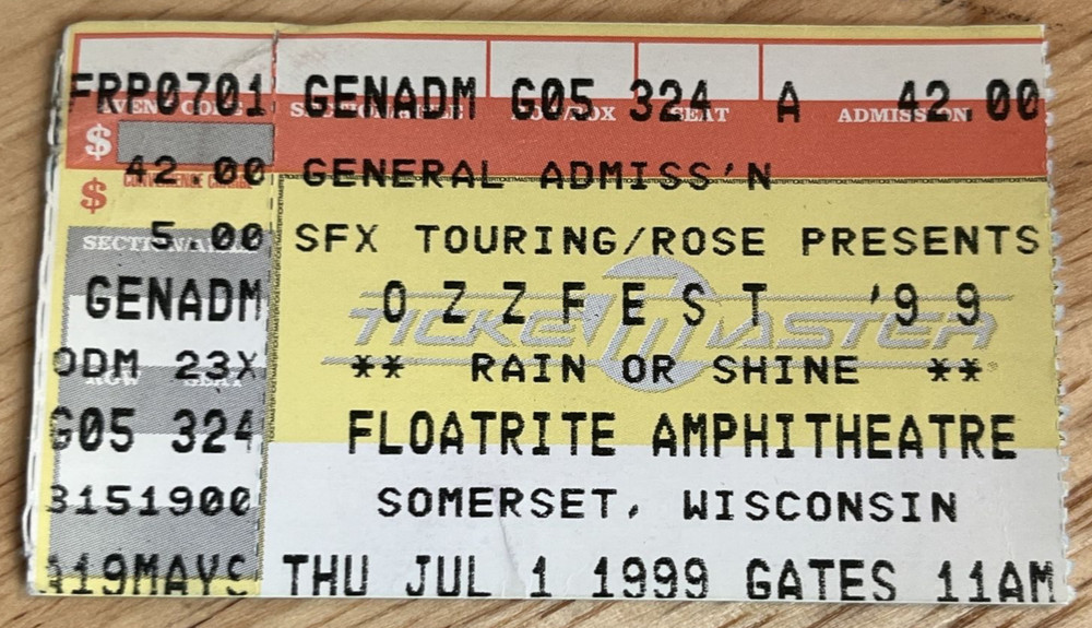 OZZFEST Concert Ticket Stub July 1, 1999 Floatrite Ozzy Osbourne Somerset, WI