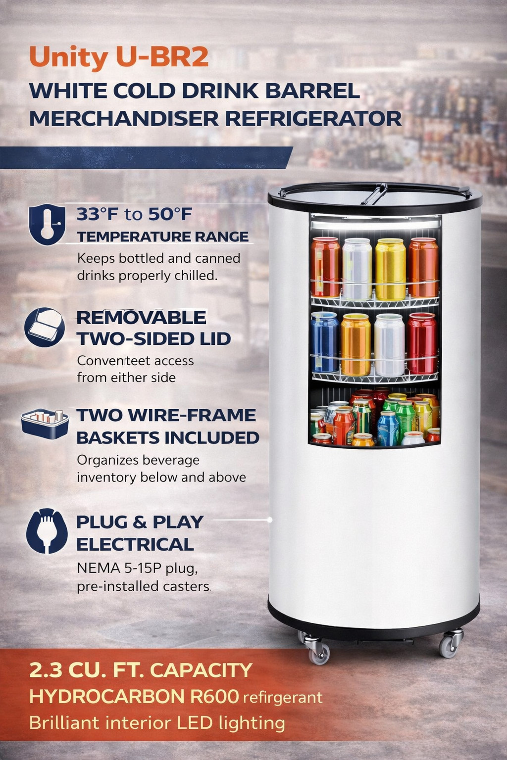 U-BR2 Barrel Merchandiser Refrigerator 2.3 Cu Ft Beverage Display Cooler